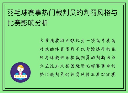 羽毛球赛事热门裁判员的判罚风格与比赛影响分析