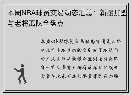 本周NBA球员交易动态汇总：新援加盟与老将离队全盘点